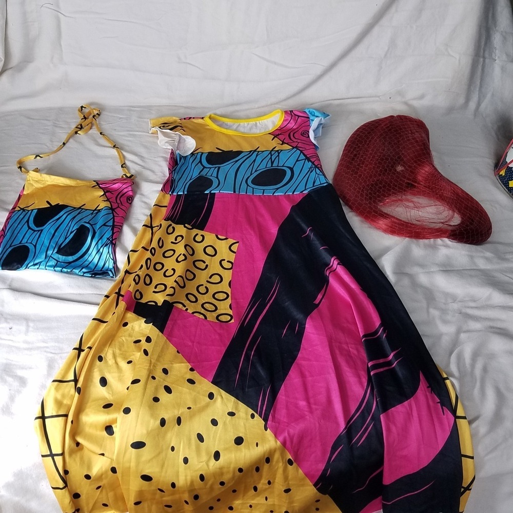Nightmare before Christmas sally dress purse wig girls size 110 (5-6) halloween - Picture 1 of 14
